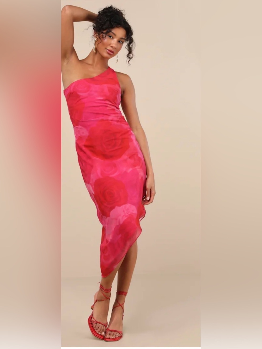 Lulu's Pink and Red One-Shoulder Rose Print Midi Dress